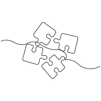 continuo línea dibujo de cuatro enclavamiento rompecabezas piezas representando problema resolviendo, trabajo en equipo, camaradería, estrategia, negocio conexión, colaboración, pareo solución concepto vector