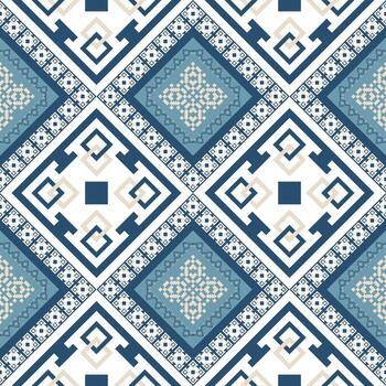 Geometric ethnic patterns in blue, white, and cream create a stunning design background. The seamless arrangement and intricate detailing gives a perfect backdrop for design projects vector