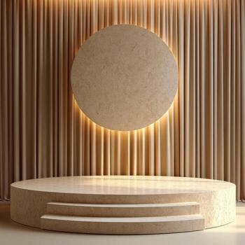 Minimalist design featuring clean podium with smooth surface and soft curtains creates serene backdrop for presentations or events, enhancing focus on speaker or display photo