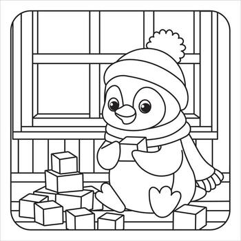 pingüino jugando con bloques colorante página vector