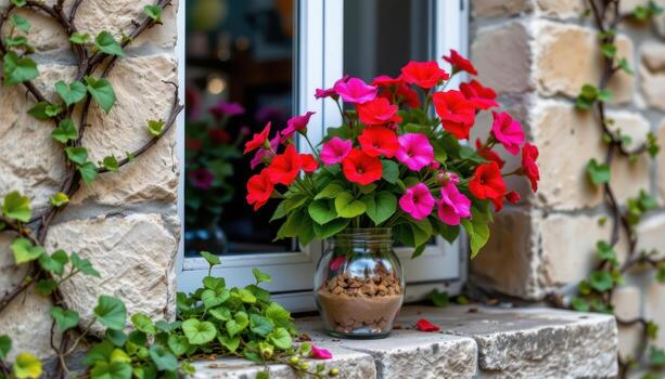 vibrant geraniums arranged in a jar stand on a stone windowsill, framed by ivy creeping along wallss photo
