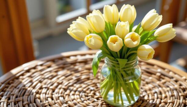a jar of creamy tulips rests on a wicker table, sunlight filtering through woven patterns belows photo
