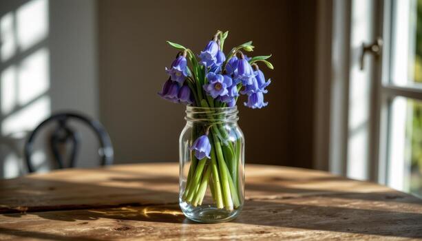 campanillas en un claro tarro reflejar patrones de ligero bailando a través de el antiguo de madera mesa tapas foto