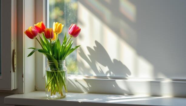 mason jar of tulips sitss on the sill, sunlight scattering rainbow patterns across the white walls photo