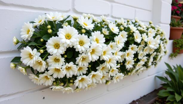 white chrysanthemums attached to a white wall, blooms clustered in a perfect, symmetrical patterns photo