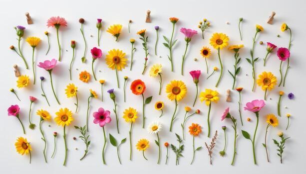wild meadow flowers pinned randomly on a white wall, creating a playful pattern of shape and hues photo