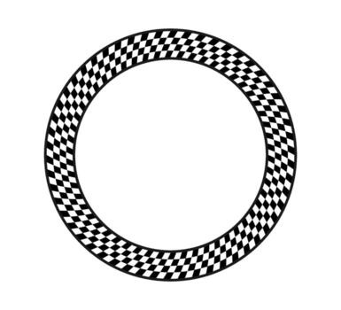 Checkered circle frame. Circle race checker flag pattern. Checkerboard geometric pattern. Black and white rally chess square pattern. Round race frame. illustration on white background vector