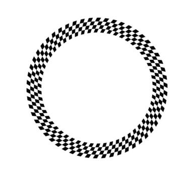 Checkered circle frame. Circle race checker flag pattern. Checkerboard geometric pattern. Black and white rally chess square pattern. Race frame. vector