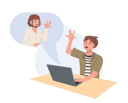 un hombre utilizando vía llamada aplicación en ordenador portátil. en línea llamada conversacion o charlar. comunicación tecnología concepto ilustración vector