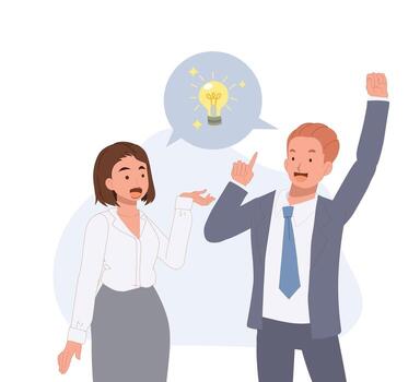 Businessman and businesswoman have a discuss then got an idea. having solution concept. problem solving. Light bulb icon on speech bubble. illustration. vector