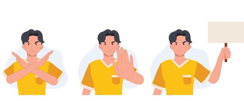 man is showing a gesture No. negative, opposite gestures set. man protested holding a sign with the words No. no concept. illustration. vector