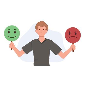 control emotion concept. man hold face masks expressing emotions and change mood. Emotional intellect. illustration. vector