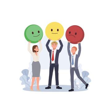 Customer service and user experience concept .People holding different emoji to show positive, negative and neutral satisfaction rating. review , illustration vector