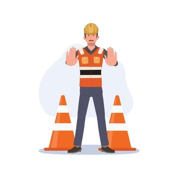 Man engineer doing NO STOP hand sign gesture, with Traffic Cone. No entry do not enter. illustration vector