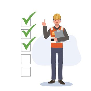 Check mark, construction site worker, Engineer with whitelist board. remind your checklist concept. illustration vector