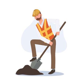 man in costume and helmet of builder working with shovel is digging. cartoon illustration vector