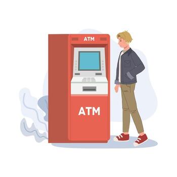 man using ATM to pay or withdraw cash money. man waiting near automatic machine, looking on monitor. illustration vector
