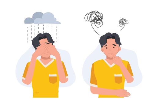 Mental disorder, finding answers, confusion concept. man suffering from depression, closing face with palms in despair, trying to solve complex problems. illustration vector