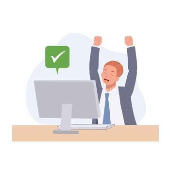 Man show Yeah positive gesture, approval gesturing near computer. Success project concept. Flat cartoon character illustration. vector