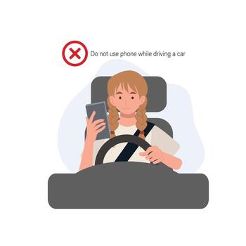 Safety driving rules concept. Phone while driving. Do not use mobile. A woman is using the phone while driving a car. Flat cartoon illustration vector