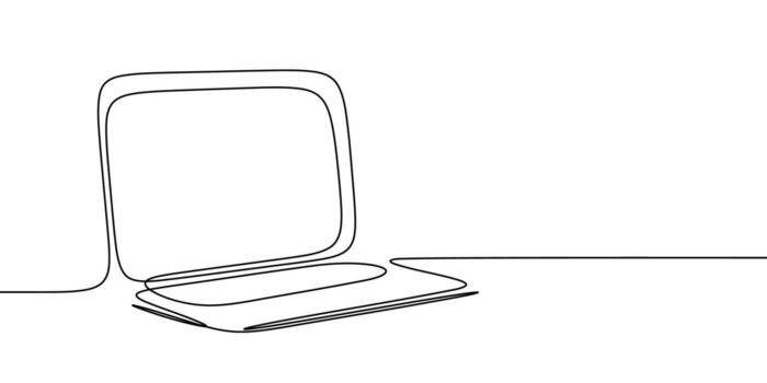 Line continuous laptop art computer screen office work pc outline illustration. Laptop line continuous doodle single notebook desktop typing business icon monitor digital email technology data. vector