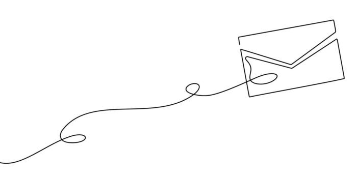 Art line continuous mail one icon email letter paper message. Line mail art continuous sketch newsletter outline contact plane illustration business single doodle arrow journey travel send fly vector