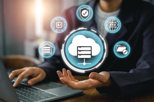 Visual representation of web hosting with cloud server and network icons, illustrating digital connectivity and online services. photo