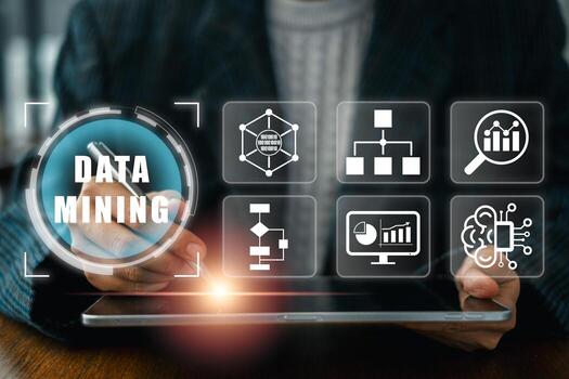 Explore the future of data mining with this digital interface showcasing analytics and technology icons on a tablet. photo