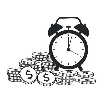 Alarm clock and stacks of coins representing time and money management vector