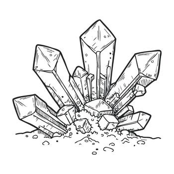 Black and white crystal cluster drawing with detailed angular shapes and textured surface patterns vector