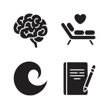 A set of four black icons that include a brain, a book, a heart and a wave vector