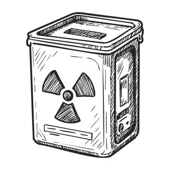 Monochrome sketch of a nuclear waste container with hazard symbol vector