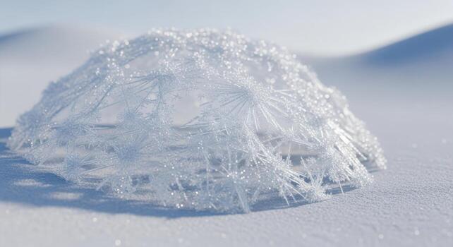 cerca arriba de un delicado hielo formación parecido a un diente de león semilla cabeza en nieve invierno escarcha foto