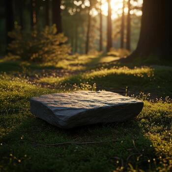 Natural stone podium in sunlit forest with dew drops on grass natural background forest setting photo
