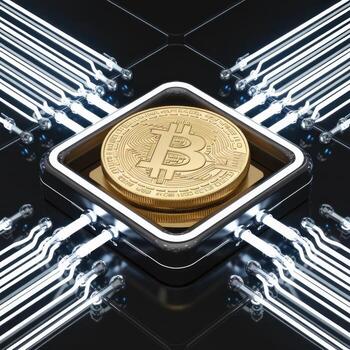 Golden Bitcoin Symbol on Futuristic Circuit Board with Glowing Lines cryptocurrency digital currency photo