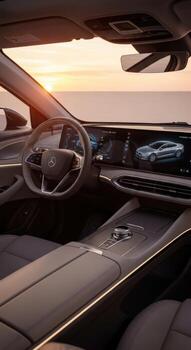 Luxury car interior dashboard with digital display and sunset view steering wheel photo