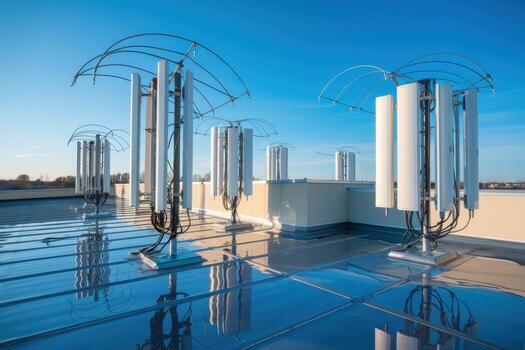 Multiple cellular antennas arrayed on a rooftop against a clear blue sky cellular tower communication photo