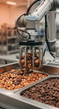 Robotic arm sorting nuts and chocolate pieces in industrial setting automation food processing photo