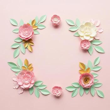 Pink and yellow paper flowers with green leaves arranged in a circular frame on a pastel pink background photo