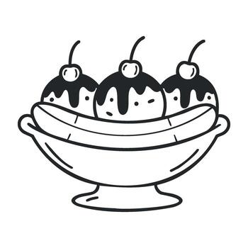 Black and white banana split with ice cream and cherries in bowl vector