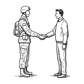 Soldier shaking hands with civilian, handshake symbolizing unity and respect vector