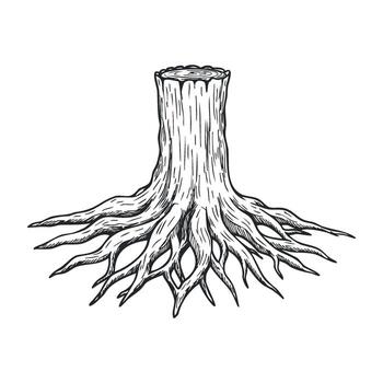 Monochrome tree stump with roots intricate sketch of natural growth and patterns vector