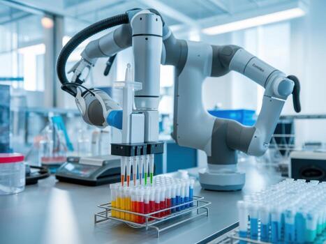 Robotic arm precisely pipetting colorful liquids into test tubes in a laboratory setting automation science photo