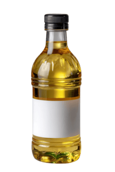 Clear Glass Bottle with Cooking Oil and Blank Label for Customization in Kitchen or Food Context png