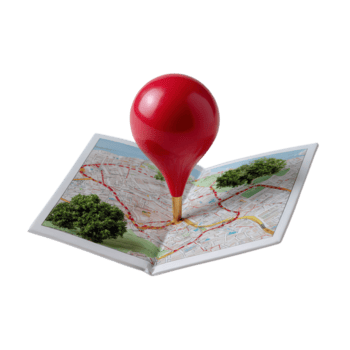 Red Marker on Open Map with Trees and Route, Navigation and Travel Concept for Adventure and Exploration png