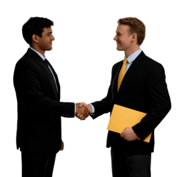 Two Businessmen Shaking Hands in Formal Attire with a Document Folder in a Professional Setting png