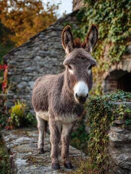 An Aged Donkey with a Wise Look by a Stone Wall photo