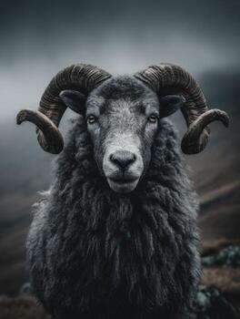 A Ram with Curly Horns Stands Stoically in the Highlands photo