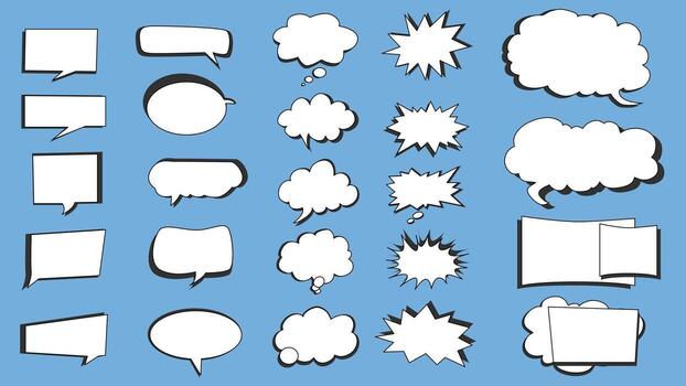 Speech bubbles set of isolated elements. Collection of white comic message balloons with outline frames, empty dialogue templates with cloud, squared and explosion shape forms. illustration. vector