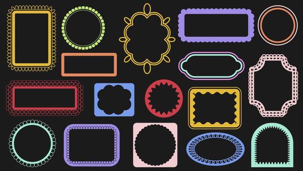 Psychedelic y2k squiggle photo frames set of isolated elements. Collection of groovy borders with zigzags, rippled, corrugated and other edges, rectangular, round and arch forms. illustration. vector